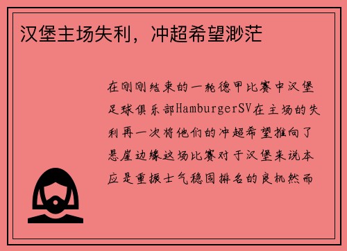 汉堡主场失利，冲超希望渺茫