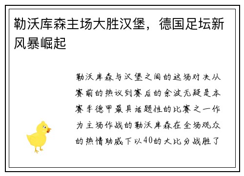 勒沃库森主场大胜汉堡，德国足坛新风暴崛起