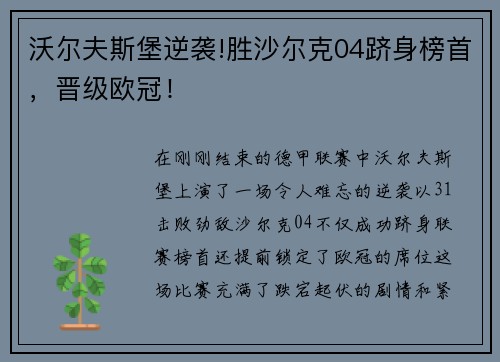 沃尔夫斯堡逆袭!胜沙尔克04跻身榜首，晋级欧冠！