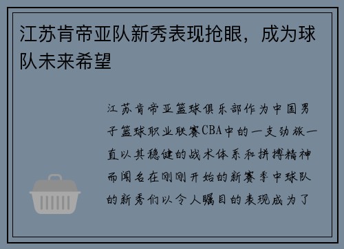 江苏肯帝亚队新秀表现抢眼，成为球队未来希望